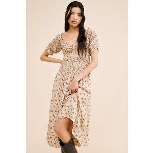 Free People Bali Juniper Smocked Floral Midi Dress Puff Sleeves Neutral Women 10